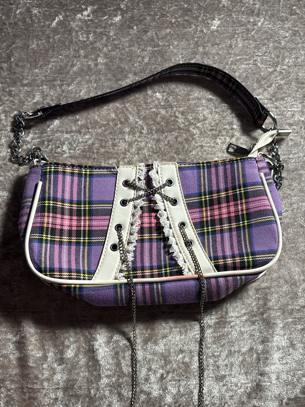 Plaid Lace-Up Shoulder Bag in Purple and Pink
